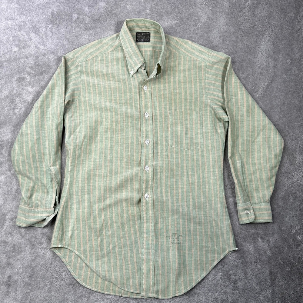 Sears Green Striped Perma-Prest Vintage Shirt Button Mens S 15-15.5